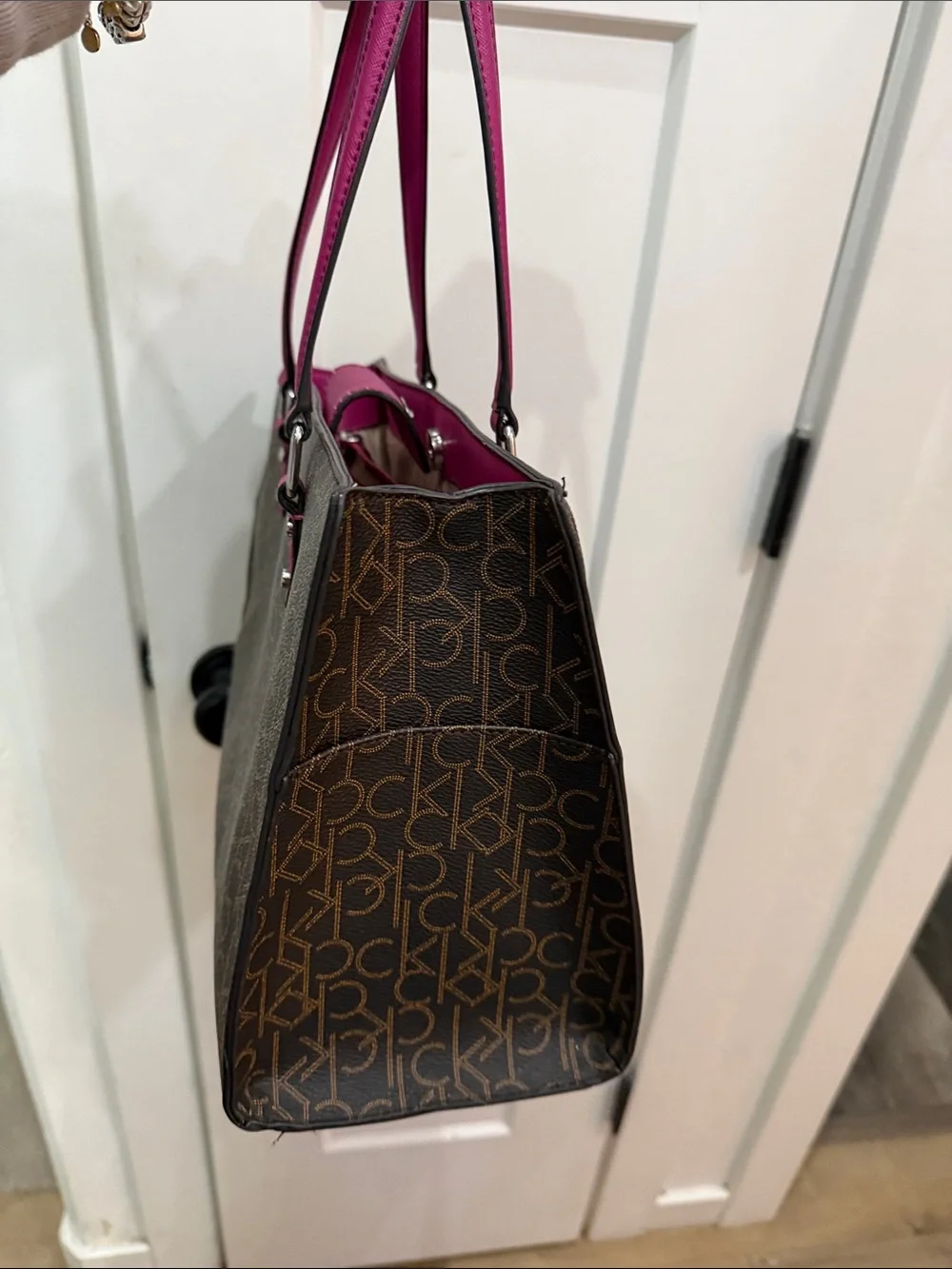 Calvin Klein Brown Monogram Tote with Fuchsia Trim